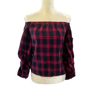PPLA Red/Navy Flannel Plaid Off The Shoulder Long Ruched Sleeve Top Blouse Small